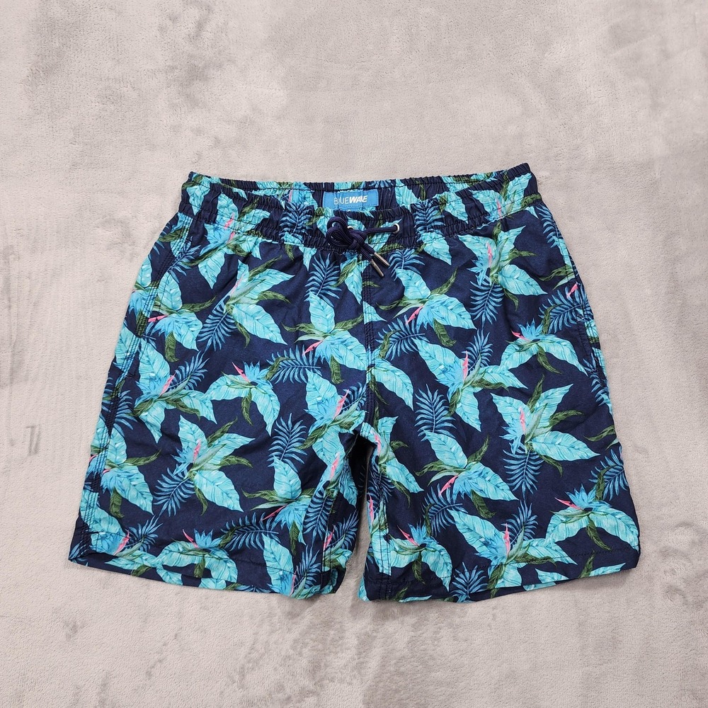 Blue Wave Swim Trunks Mens S Blue Floral Hawaiian Lined Drawstring Pockets Beach